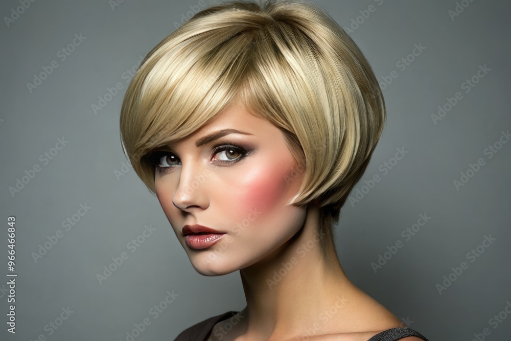 Short, Sleek Hairstyle Angled From The Front, Cut Evenly Across The Bottom, And Styled With Volume And Movement. Short, Sleek Hairstyle Angled From The Front, Cut Evenly Across The Bottom, And Styled With Volume And Movement.