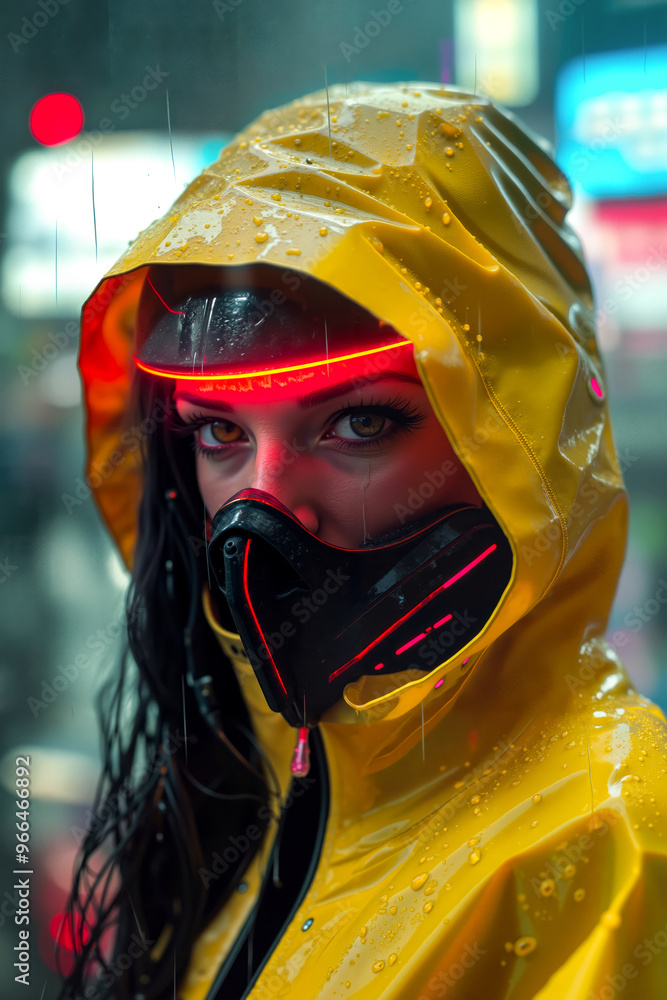 A woman wearing a yellow raincoat and a gas mask in the rain A woman wearing a yellow raincoat and a gas mask in the rain