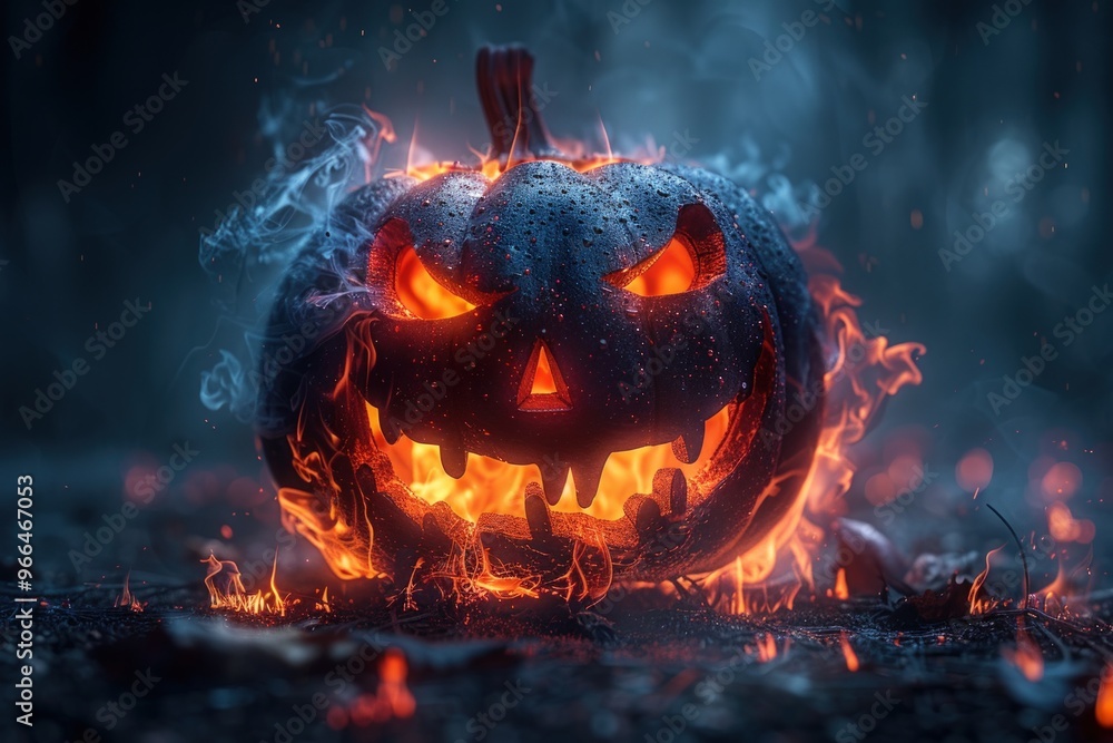 A carved pumpkin with a sinister grin burns with flames in a dark forest. A carved pumpkin with a sinister grin burns with flames in a dark forest.