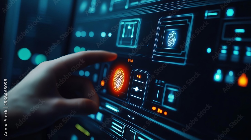 Futuristic bank security, fingerprint identification system, glowing interface Futuristic bank security, fingerprint identification system, glowing interface