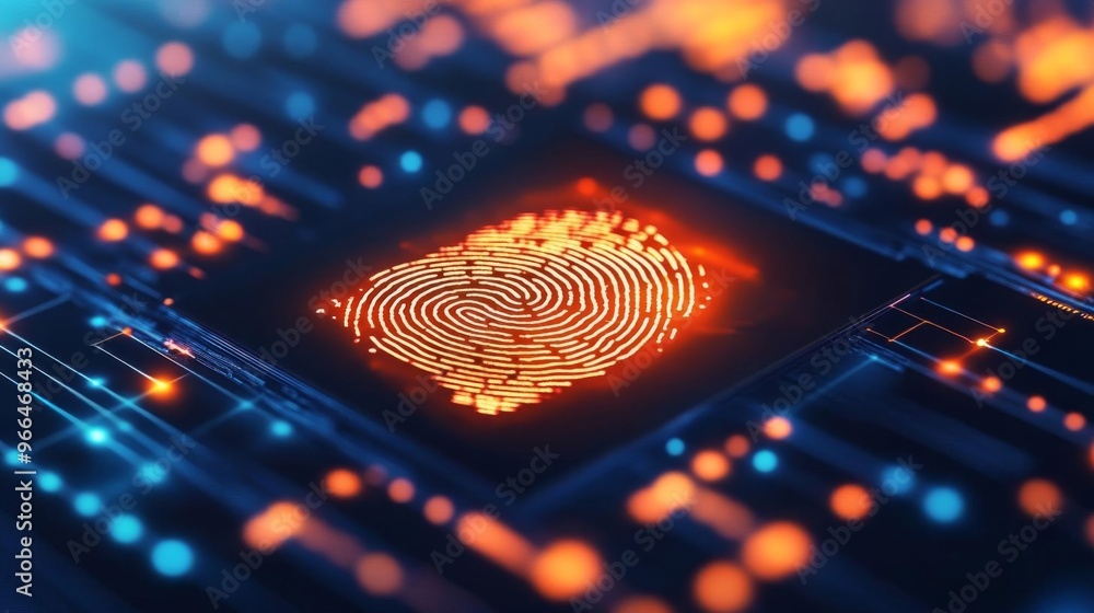 Holographic fingerprint registry, glowing digital database, secure access control