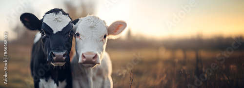 portrait of two cute babycows on the green meadow; copy space; livestock backdrop photo