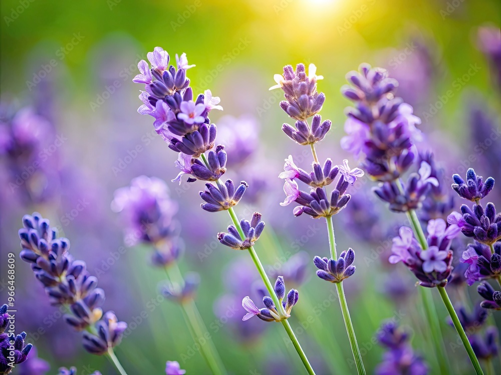 Fototapeta premium Softly focused, delicate purple petals of fresh lavender bloom against a blurred green background, showcasing intricate texture and calming beauty in this intimate macro capture.