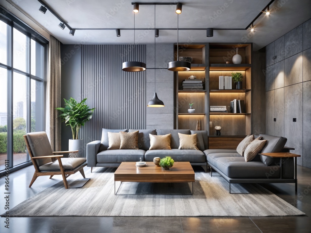 Sophisticated minimalist living room with sleek lines, monochromatic palette, and sparse decor, exemplifying a modern take on the popular industrial chic interior design style.