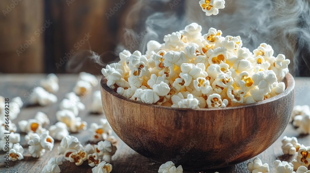 A rustic wooden bowl of popcorn sits on a table, with scattered popcorn around it.
A rustic wooden bowl of popcorn sits on a table, with scattered popcorn around it.