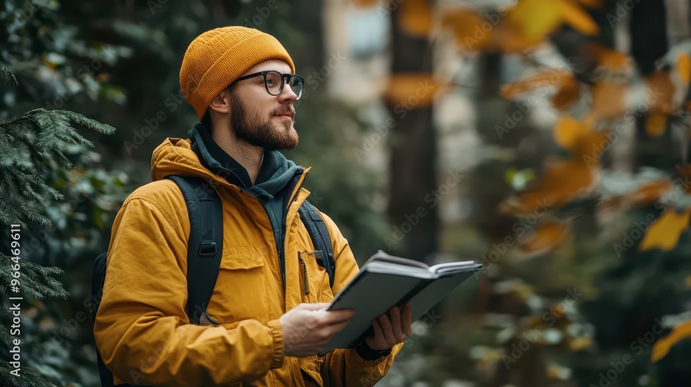 Young man reading a book while standing amidst autumn forest foliage Young man reading a book while standing amidst autumn forest foliage