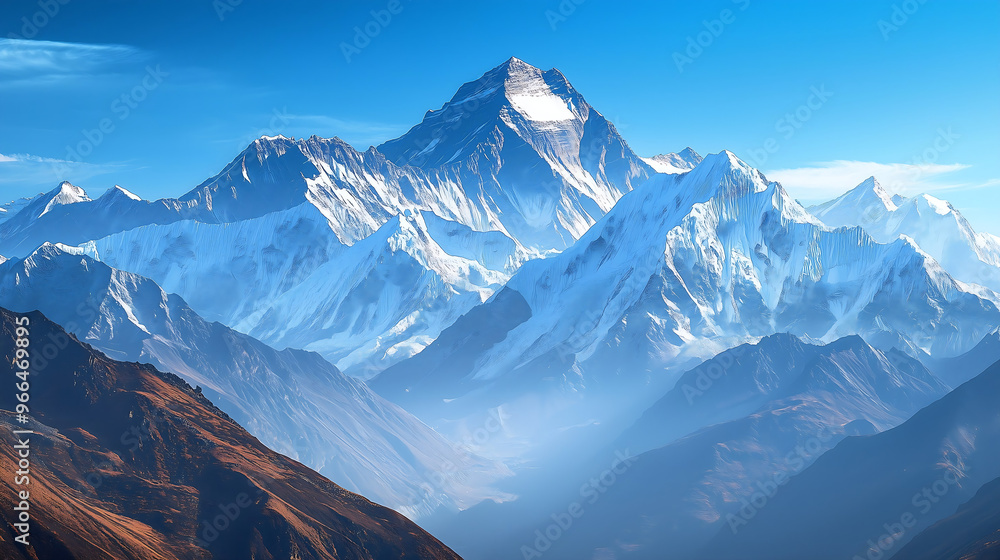 A panoramic view of Mount Everest and its neighboring peaks A panoramic view of Mount Everest and its neighboring peaks