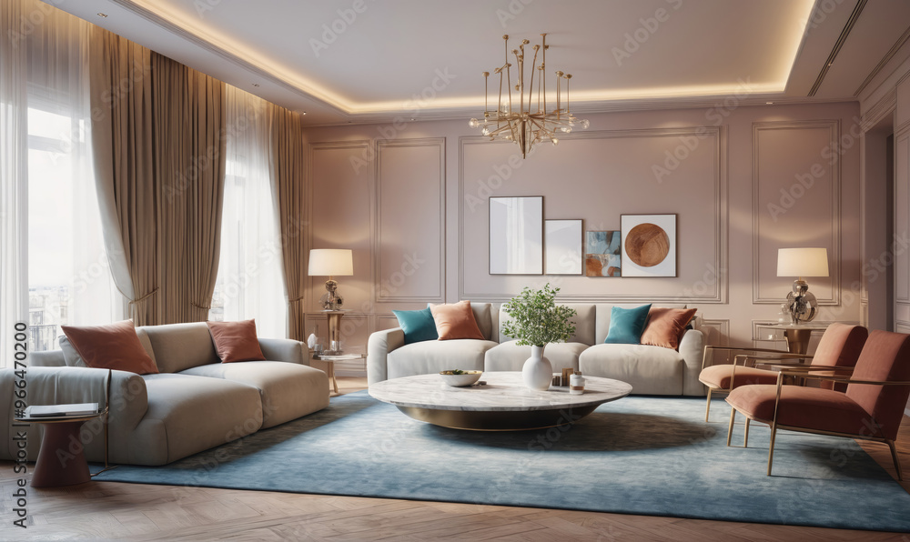 Fototapeta premium A modern living room with a large, white sofa and two armchairs. The room is decorated with a blue rug and a round coffee table