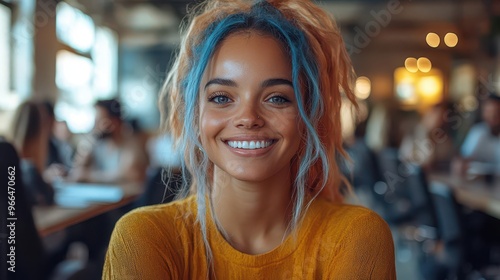 inclusive workplace scene diverse team meeting with a smiling bluehaired woman in a wheelchair surrounded by colleagues in a modern accessible office space filled with natural light