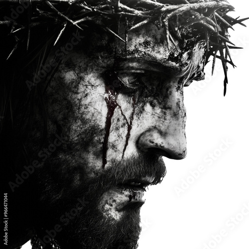 A powerful depiction of Jesus Christ wearing the crown of thorns, symbolizing suffering, sacrifice, and redemption for humanity, capturing deep religious devotion, faith, and divine love.