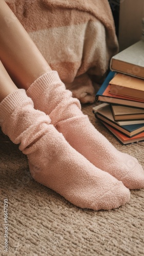 Cozy Pink Socks Nestled Amongst Books