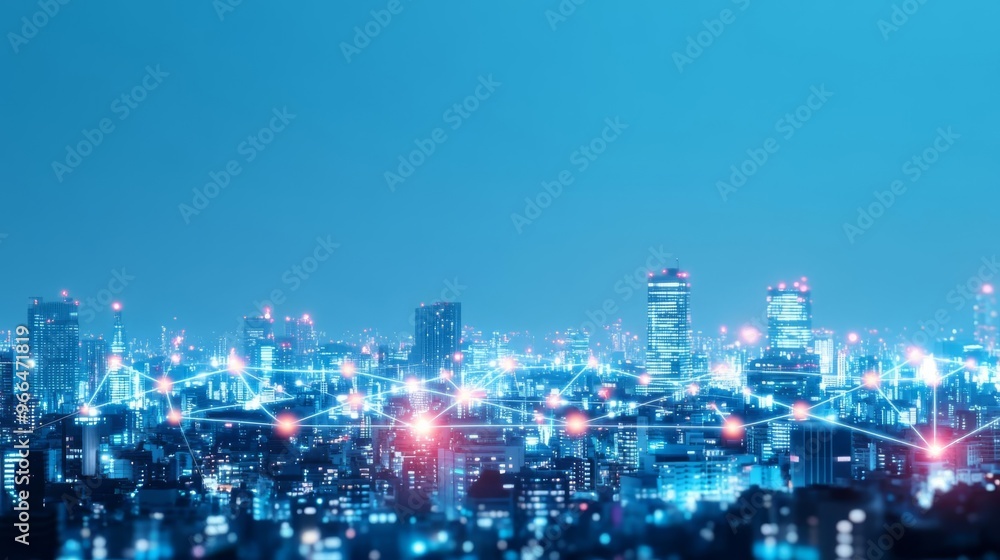 Obraz premium Cityscape at night with data connections visualized as glowing lines connecting buildings, smart city, urban data network