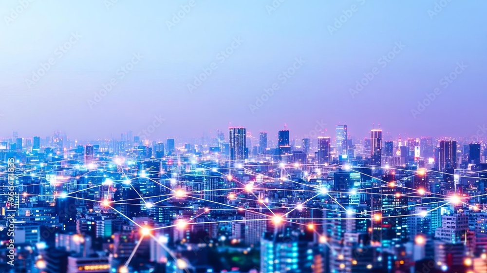 Cityscape at night with data connections visualized as glowing lines connecting buildings, smart city, urban data network Cityscape at night with data connections visualized as glowing lines connecting buildings, smart city, urban data network