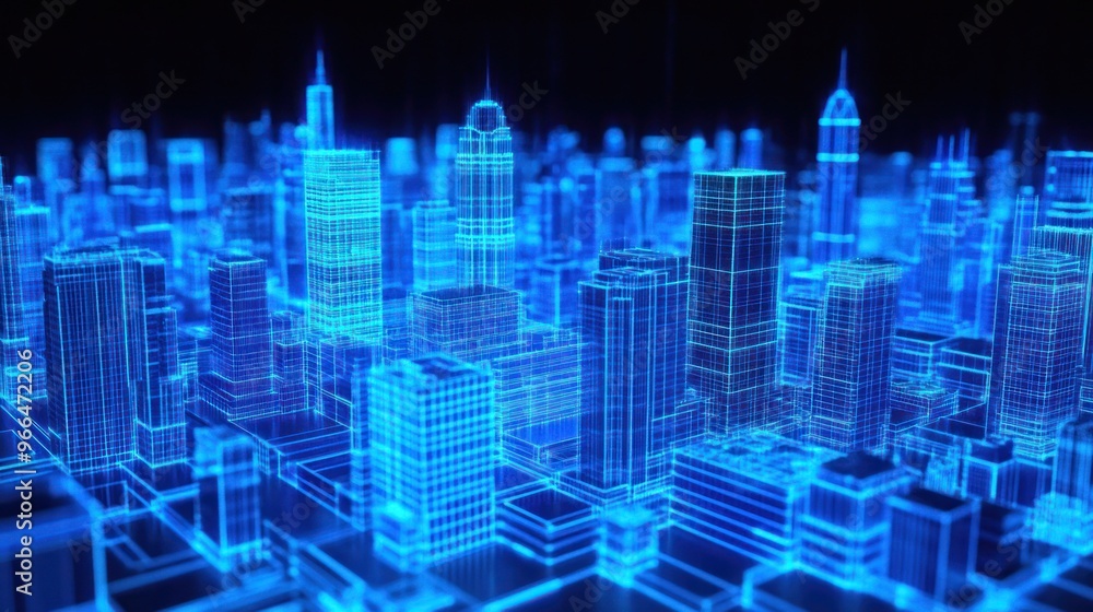 A Wireframe Model of a Modern Cityscape Glowing Blue A Wireframe Model of a Modern Cityscape Glowing Blue