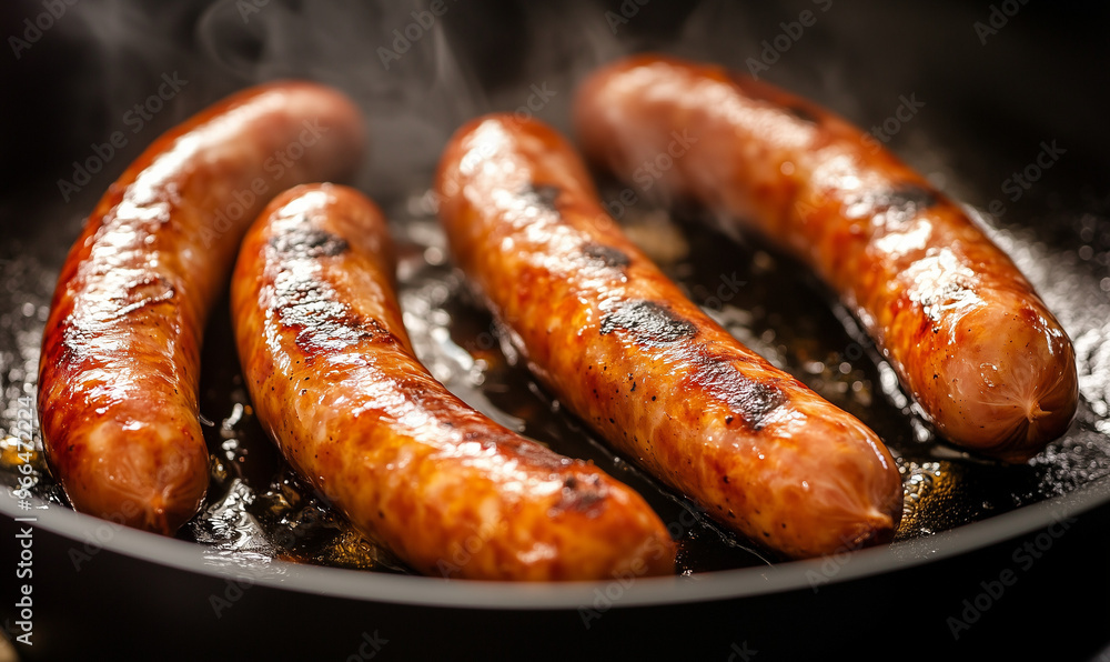Sizzling chipolata sausages in a frying pan, high angle Sizzling chipolata sausages in a frying pan, high angle