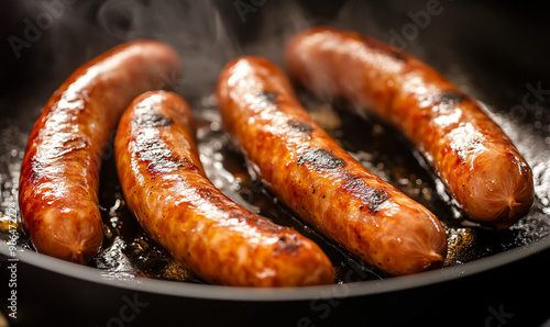 Sizzling chipolata sausages in a frying pan, high angle