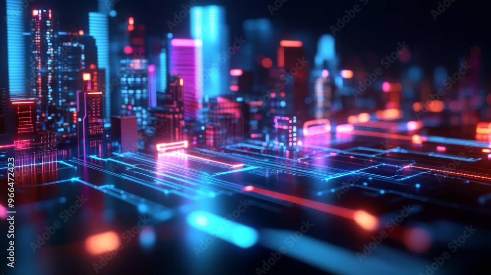 Fototapeta premium Cybernetic cityscape with glowing data streams integrating into architecture, cybercity, urban data flow