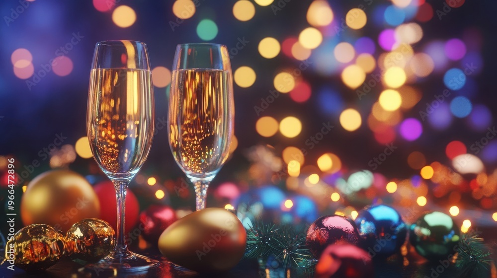 festive champagne glasses and holiday lights with bokeh in the background festive champagne glasses and holiday lights with bokeh in the background