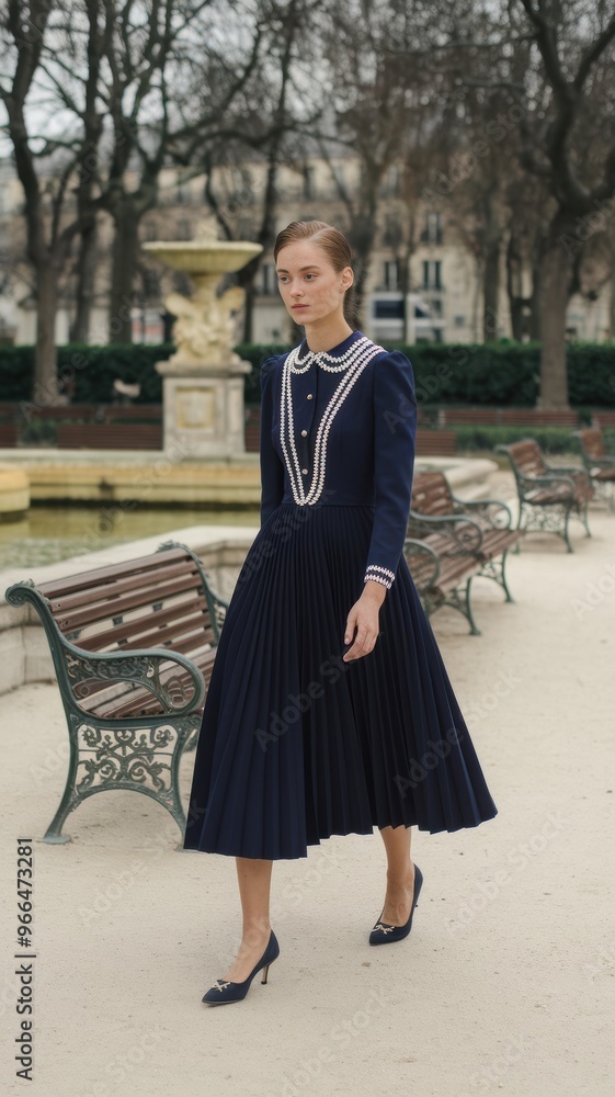 Fototapeta premium Elegant Woman in Navy Pleated Dress with Pearl Accents