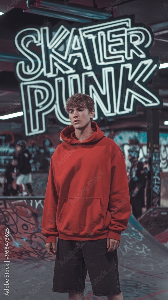 Skater Punk Style: Bold Red Hoodie and Casual Shorts Skater Punk Style: Bold Red Hoodie and Casual Shorts