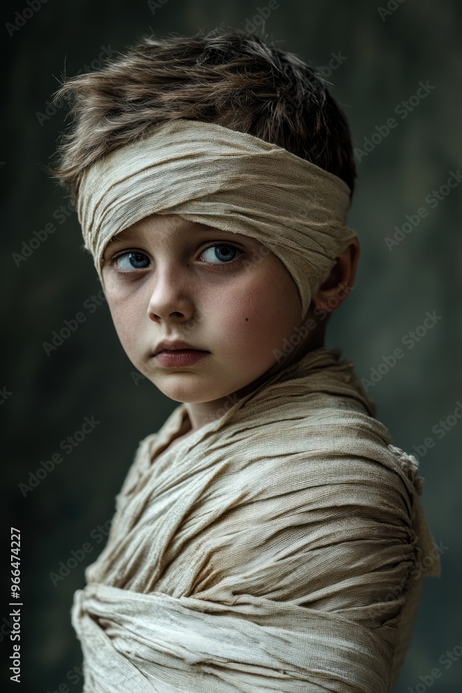 A young boy wrapped in bandages, conveying a sense of mystery and vulnerability.
