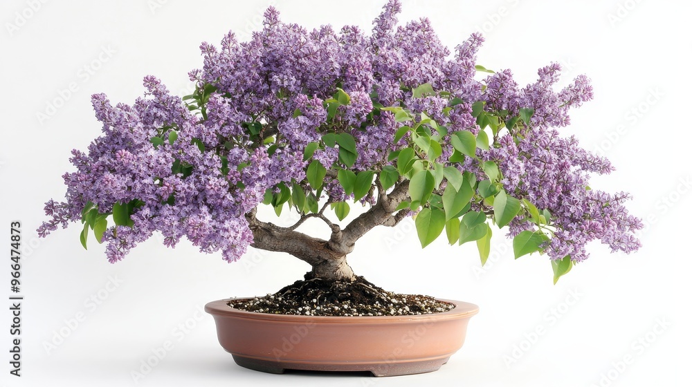 Fototapeta premium A beautifully shaped lilac bonsai in a pot, showcasing purple flowers and greenery, symbolizing plant care, bonsai art, and gardening
