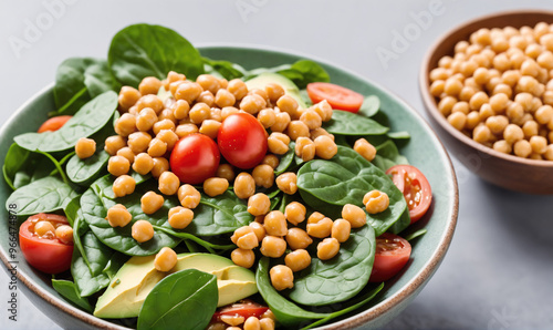 A bowl of spinach salad topped with chickpeas, avocado, and tomatoes