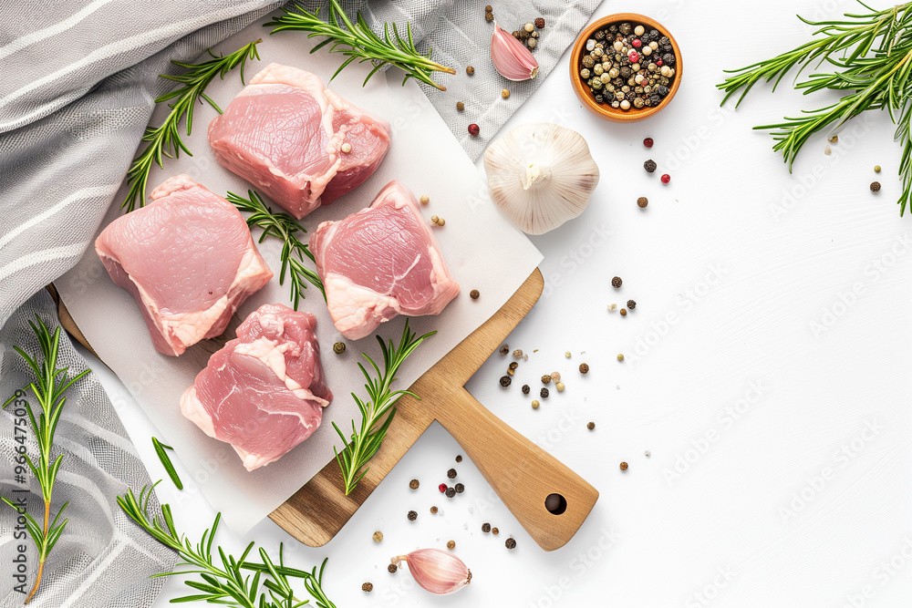 Raw pork chops with rosemary, garlic, and pepper. Raw pork chops with rosemary, garlic, and pepper.