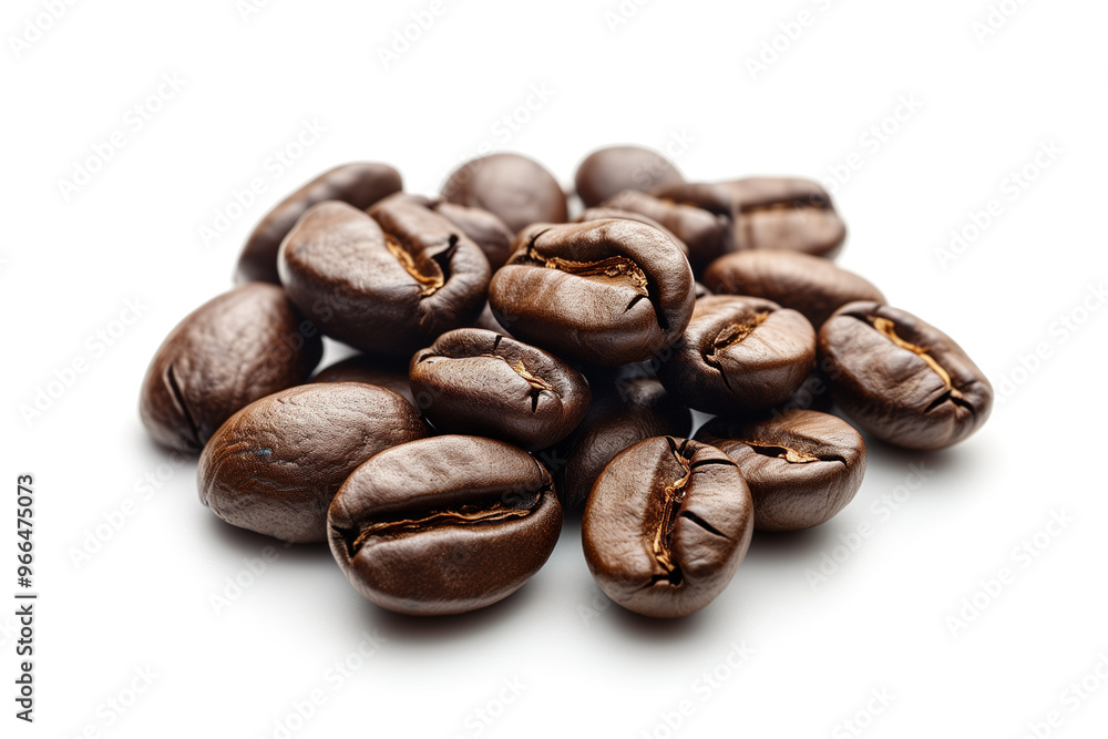 Freshly roasted coffee beans scattered on a white background. Freshly roasted coffee beans scattered on a white background.