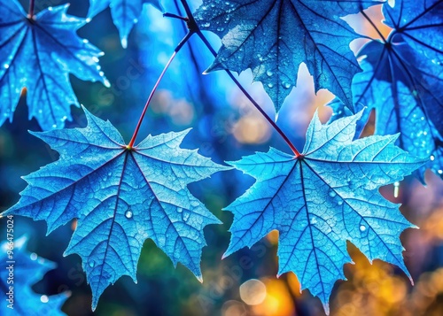 Vibrant blue maple leaves glisten with dew, contrasting against a bright autumn sky, creating a stunning natural still life with intricate veins and delicate edges. photo