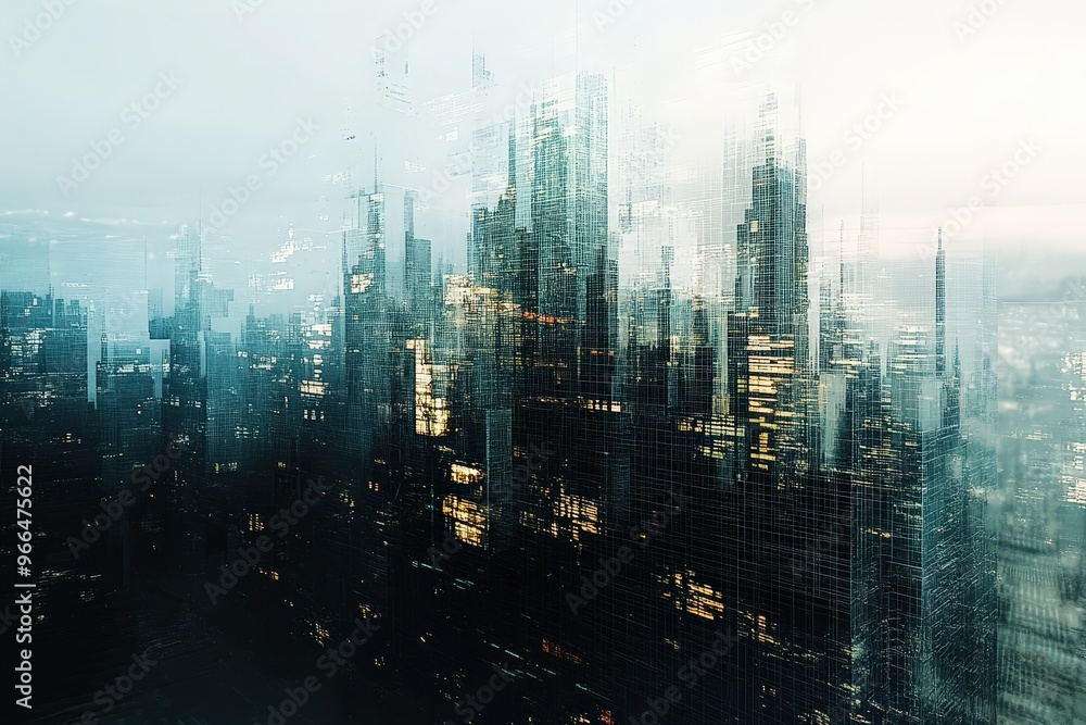 Fototapeta premium Futuristic cityscape with digital overlay and illuminated skyscrapers at dusk.