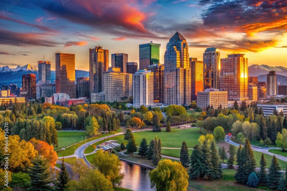 Obraz premium Vibrant cityscape of Calgary's downtown area at sunset, showcasing sleek skyscrapers, picturesque Prince's Island Park, and majestic Rocky Mountains in the background.