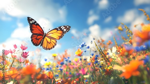 コスモスの花畑と蝶