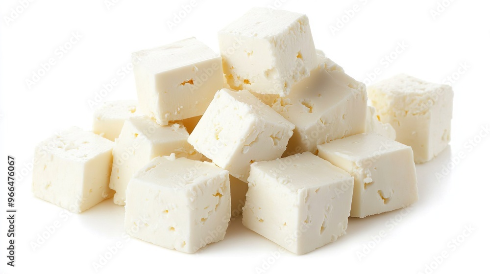 A pile of white cubes of cheese A pile of white cubes of cheese
