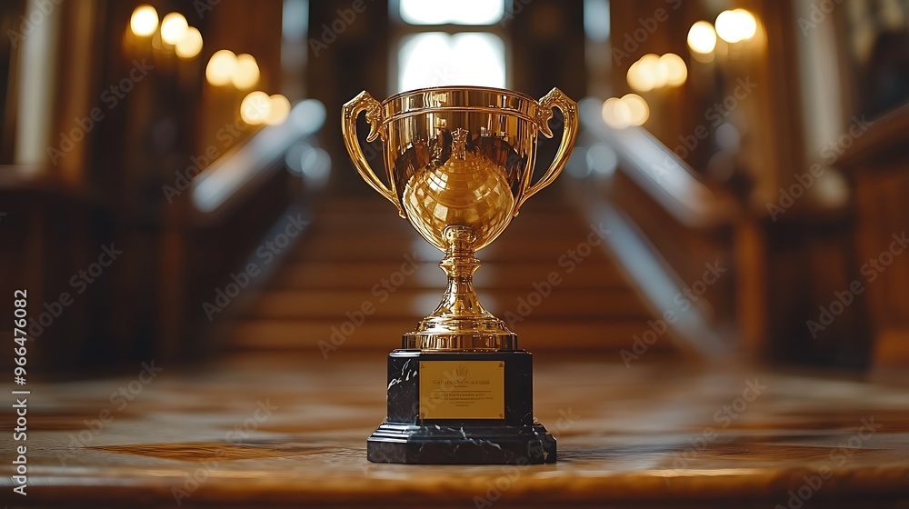 A gold trophy cup on a marble base sits on a wooden table, with a grand staircase in the background. A gold trophy cup on a marble base sits on a wooden table, with a grand staircase in the background.