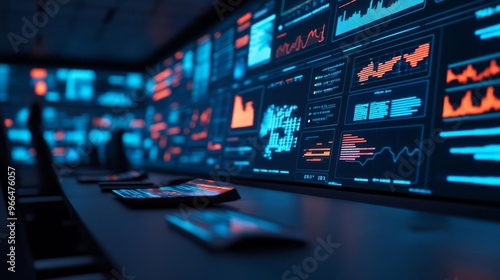 Wallpaper Mural Interactive data visualization, holographic charts, futuristic tech conference, global reach Torontodigital.ca