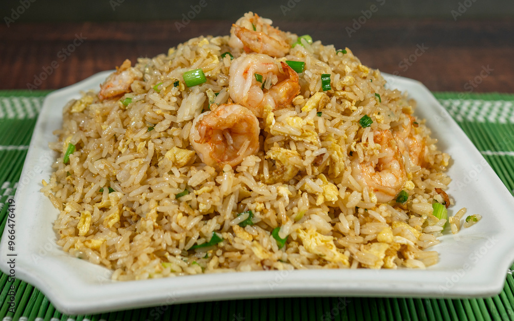 chaufa shrimp rice, chinese onion, egg. chifa, peruvian food, close-up chaufa shrimp rice, chinese onion, egg. chifa, peruvian food, close-up