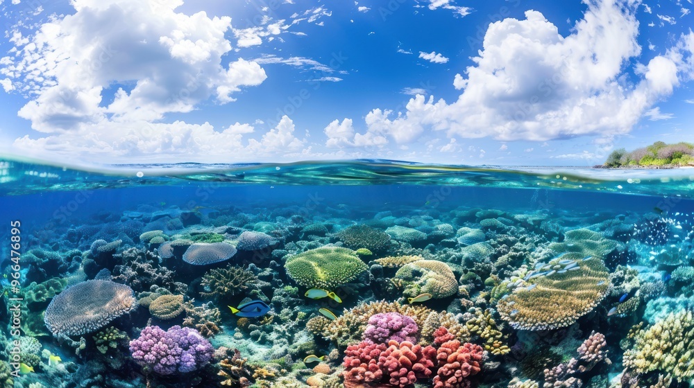 Coral Reef Beauty: A Half-Submerged View of Tropical Paradise Coral Reef Beauty: A Half-Submerged View of Tropical Paradise