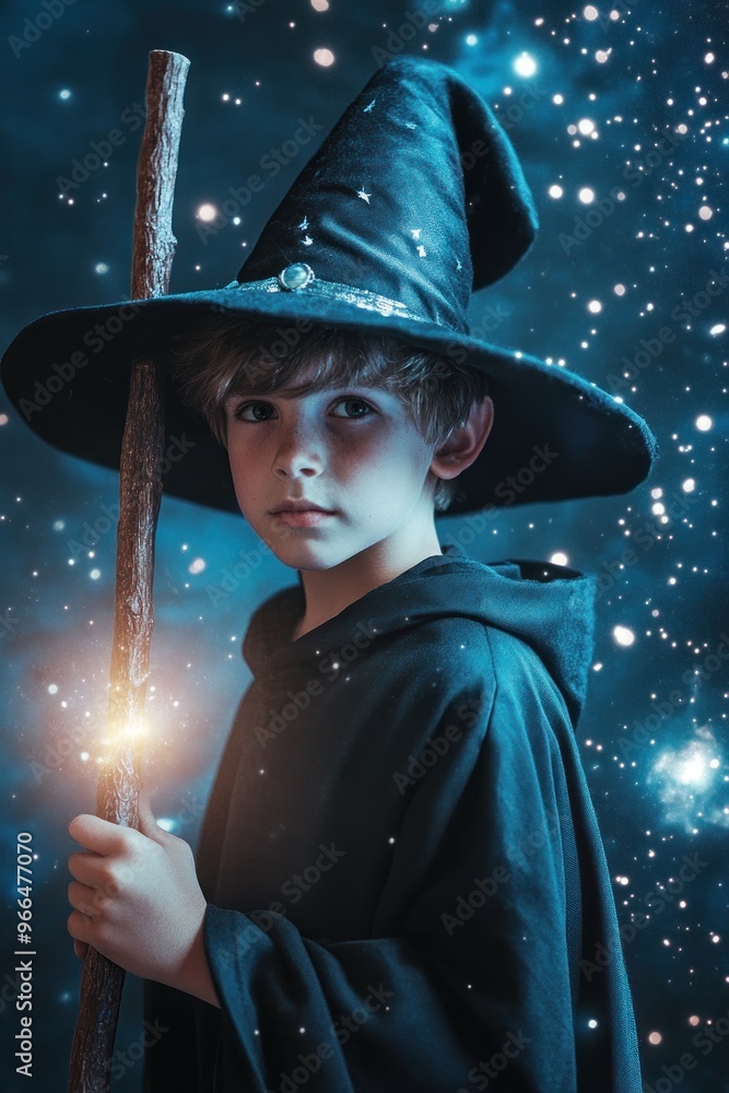 A young wizard in a dark cloak and hat, holding a staff against a starry background. A young wizard in a dark cloak and hat, holding a staff against a starry background.
