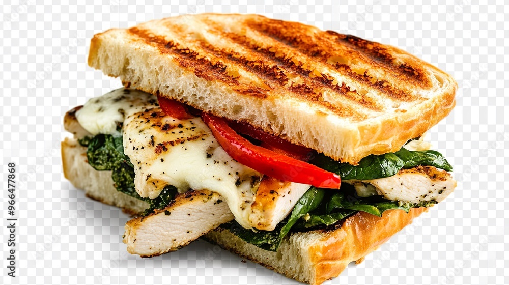 A sandwich with chicken, spinach, and peppers A sandwich with chicken, spinach, and peppers