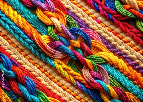 Vibrant colorful threads intertwined forming a traditional mesmerizing Fik pattern, symbolizing cultural heritage and artistic craftsmanship, against a soft creamy background. photo