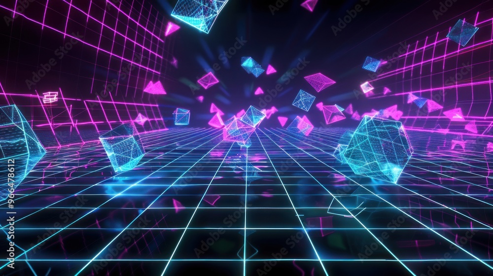 Neon Grid with 3D Shapes Neon Grid with 3D Shapes