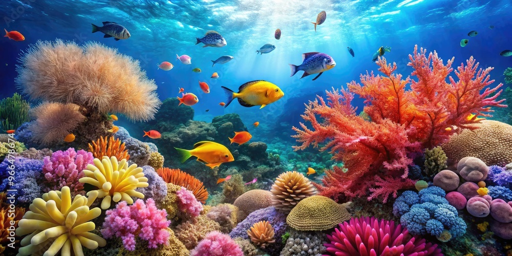 Obraz premium Vibrant coral reef teems with marine life, schools of fish darting past sea fans and colorful sea anemones, beneath calm turquoise ocean waters.
