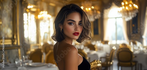 woman portrait in elegant black dress. portrait of a beautiful woman with a sleek bob haircut, wearing an elegant black dress and bright red lipstick. restaurant background with rich gold decoration.