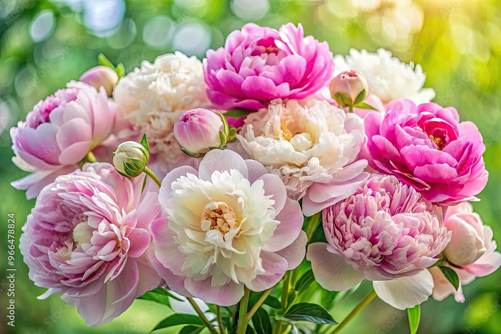 Vibrant, delicate peonies with lush, layered petals in soft pink and white hues bloom against a gentle, blurred greenery background, exuding whimsical, romantic elegance. Vibrant, delicate peonies with lush, layered petals in soft pink and white hues bloom against a gentle, blurred greenery background, exuding whimsical, romantic elegance.