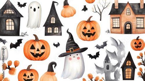 Halloween-themed illustrations with pumpkins ghosts bats and haunted houses