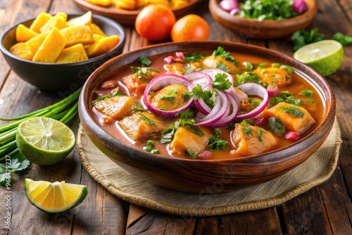 Vibrant Ecuadorian dish encebollado features succulent fish chunks swimming in a rich onion, cilantro, and citrus sauce, garnished with crispy plantain chips and fresh herbs. photo