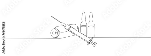 Drawing of a syringe, vial and ampoule of medicine with one continuous line. Symbol of pharmaceutical medicines and vaccines. Vector editable line illustration.