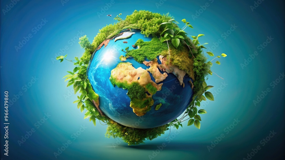 Naklejka premium Vibrant globe surrounded by lush greenery and vines, symbolizing harmony, growth, and unity between humanity and the natural world, set against a serene blue background.