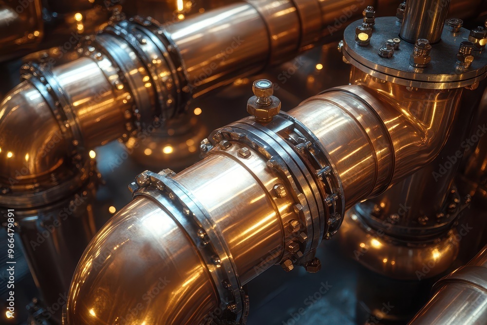 intricate network of copper pipes and valves in industrial boiler room warm ambient lighting highlights metallic textures and complex engineering intricate network of copper pipes and valves in industrial boiler room warm ambient lighting highlights metallic textures and complex engineering